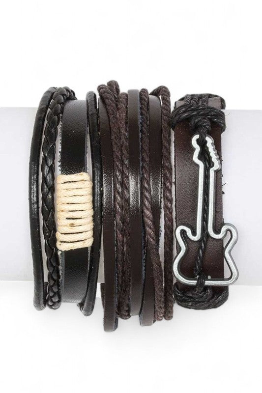 Leather Bracelet Set with Guitar Charms – Trendy Fashion Jewelry Accessory