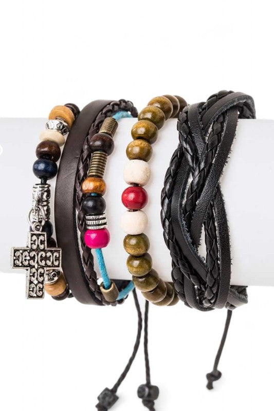 Leather Bracelet Set with Cross Charm Mix Beads – Trendy Casual Jewelry