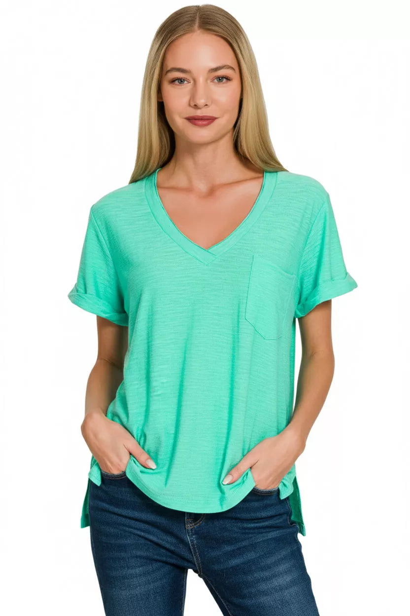 Slub Rolled Short Sleeve V-Neck Tee
