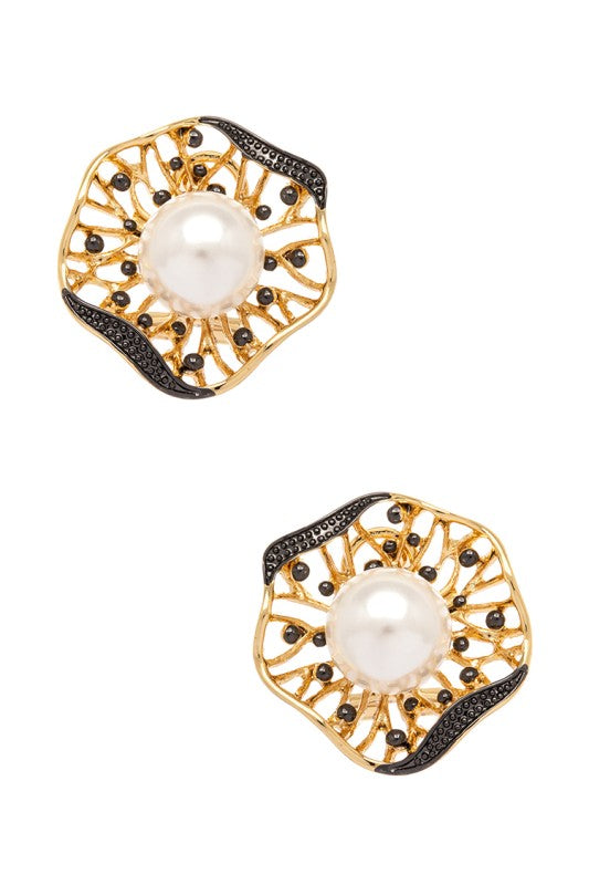 Flower Stud Earrings Faux Pearl CZ Elegant Chic Jewelry