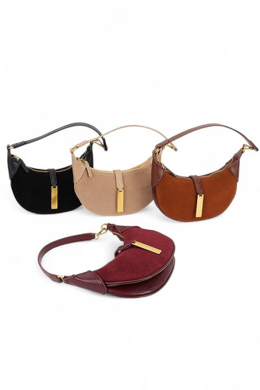 Fashion Handbag Half Moon Faux Suede Shoulder Bag Stylish Chic Accessory