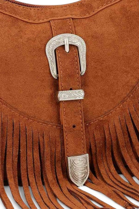 Fashion Handbag Western Buckle Faux Suede Fringe Stylish Bag