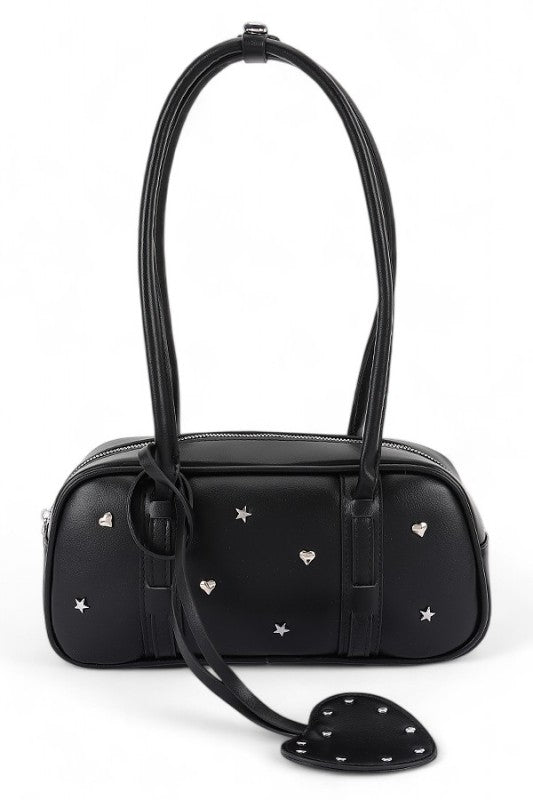 Boxy Top Handle Bag with Star and Heart Studs – Trendy Fashion Handbag