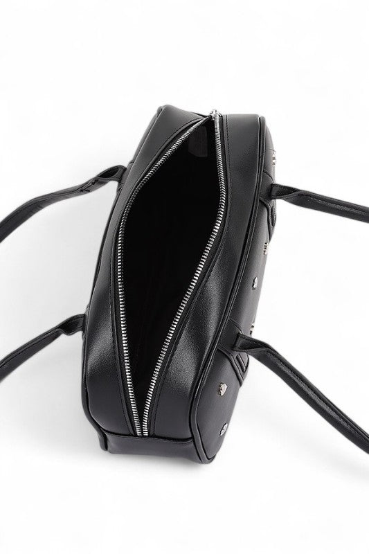 Boxy Top Handle Bag with Star and Heart Studs – Trendy Fashion Handbag
