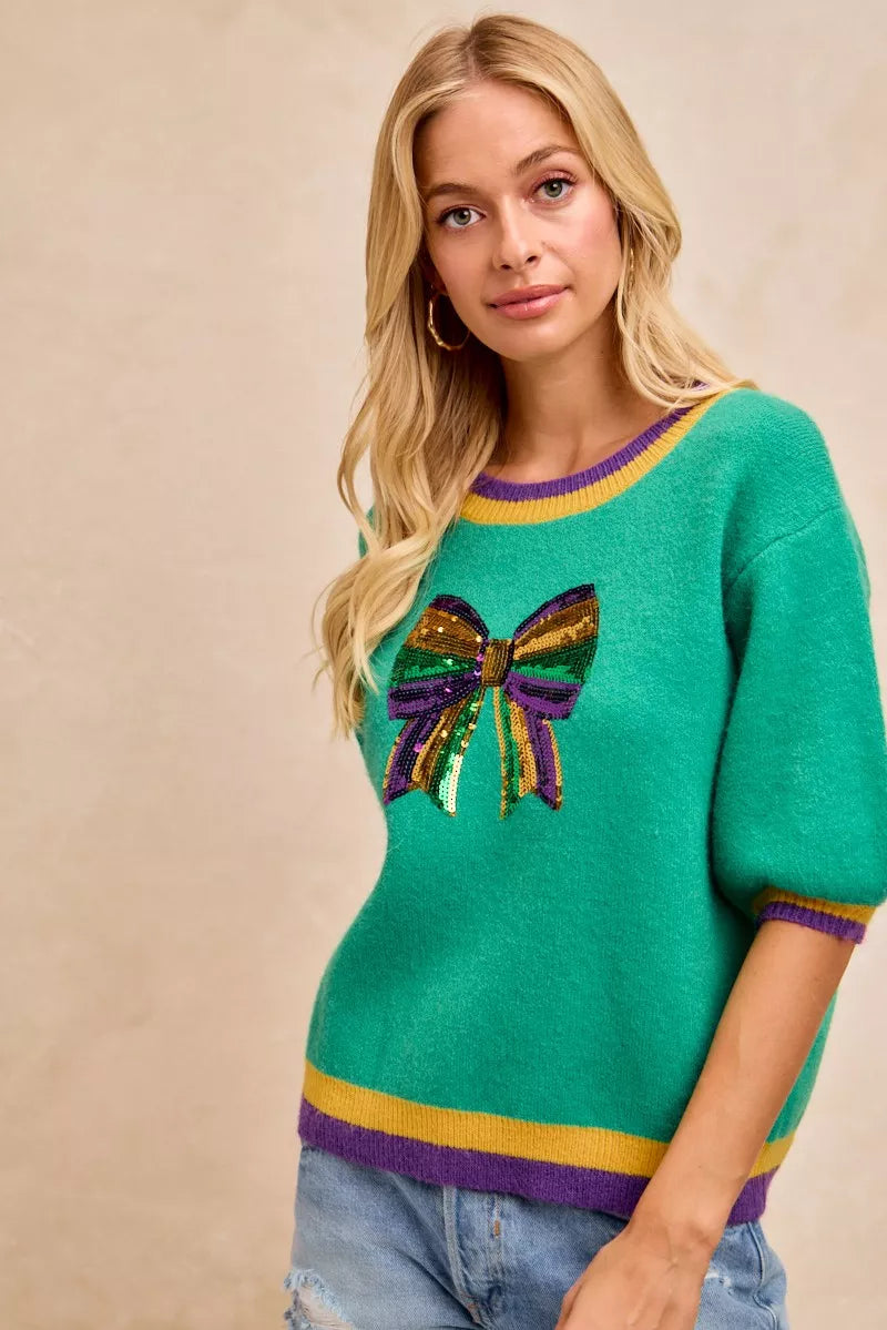 Mardi Gras Sequin Ribbon Patched Sweater
