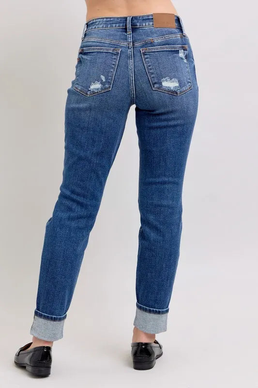 Full Size Mid Rise Boyfriend destroy Jeans with Yoke Pockets and Faux Selvedge Cuff Plus Size
