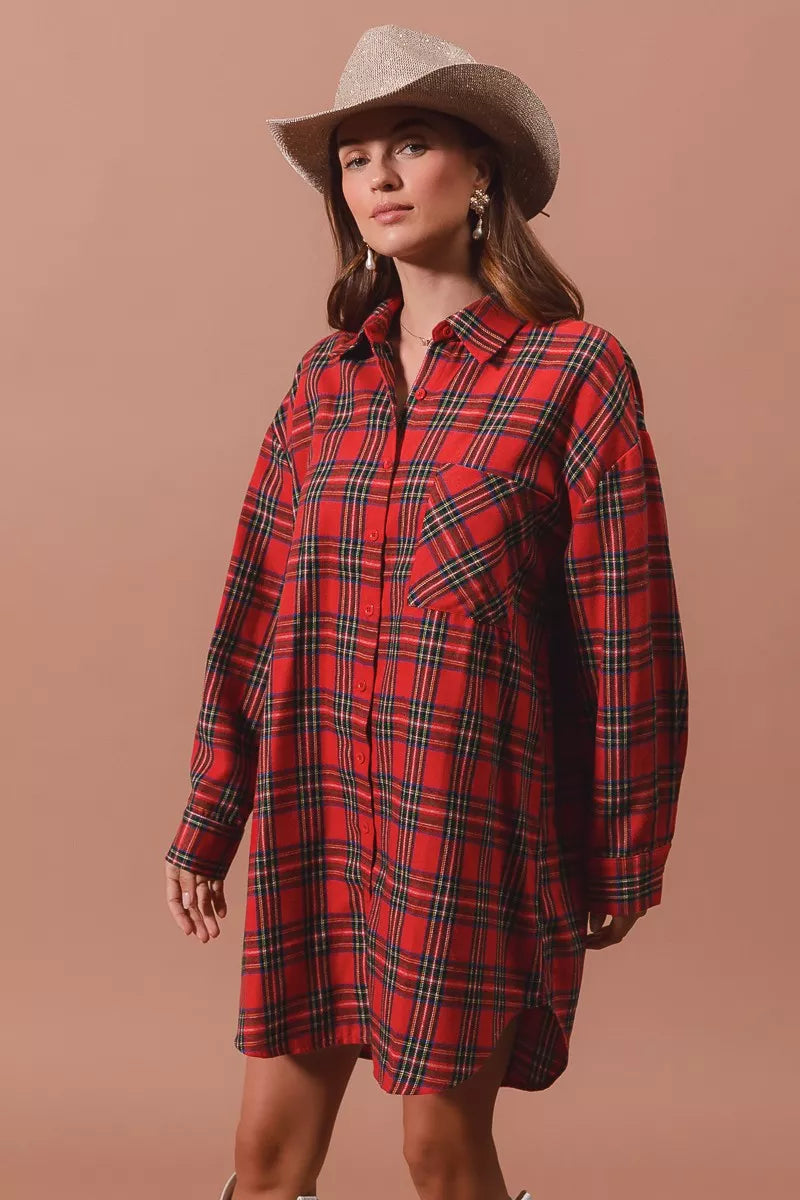 Christmas Checker Plaid Button Up Shirt Dress