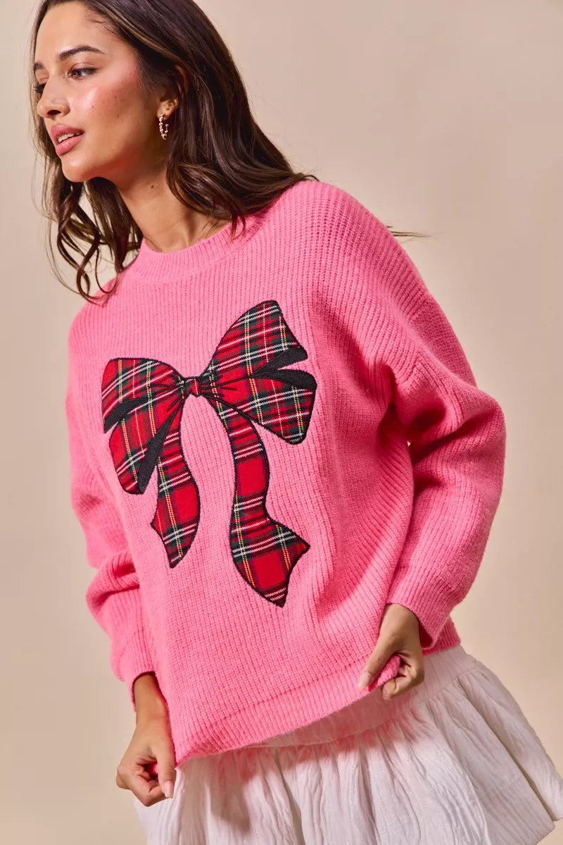 Checker Plaid Ribbon Christmas Holiday Sweater