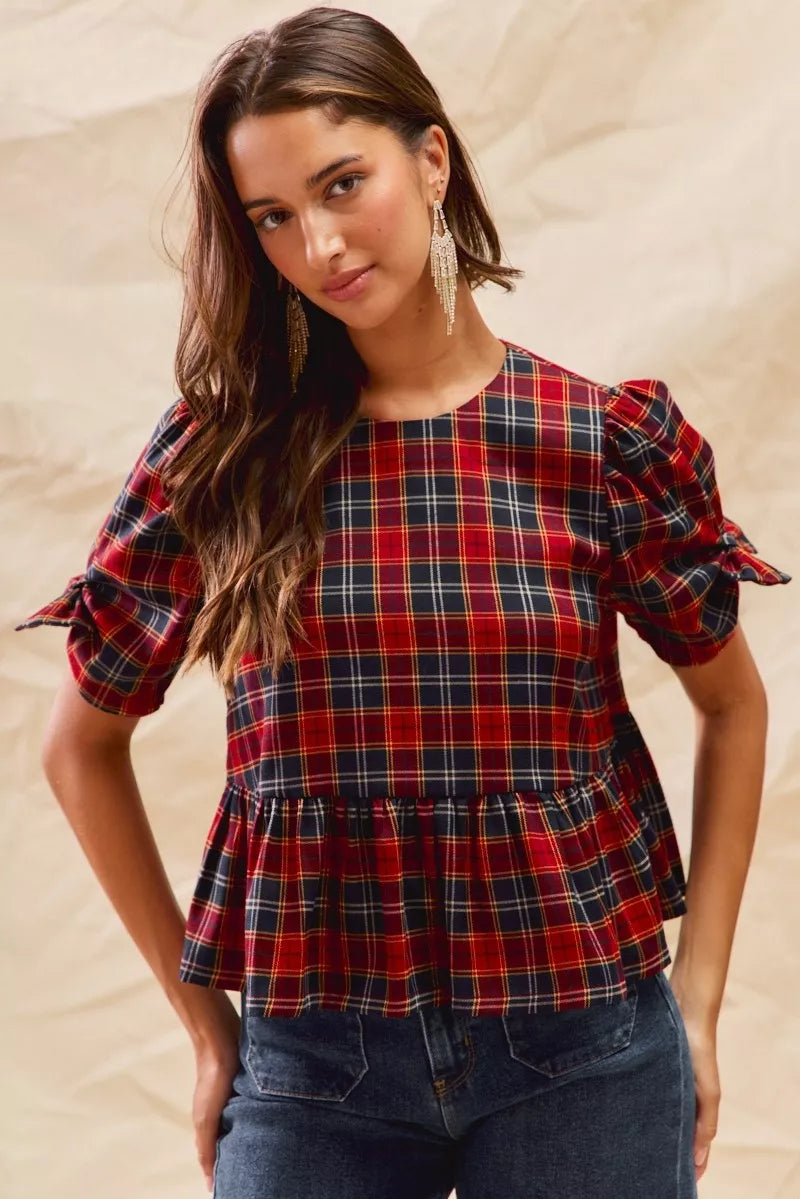 Christmas Holiday Plaid Ribbon Short Sleeves Top