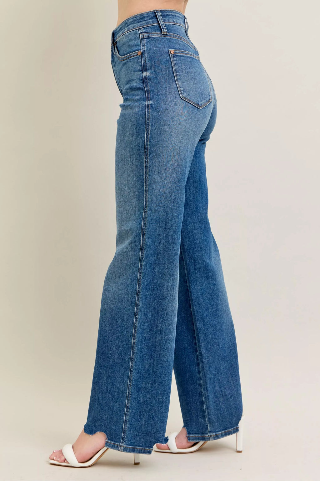 Full Size High Waist Tummy Control Chew Hem Destroy Wide Jeans Plus Size