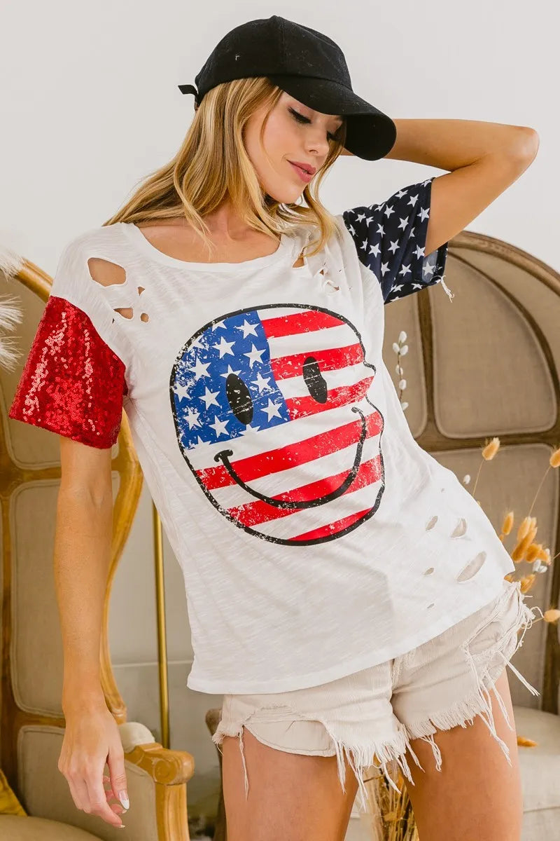 Fourth Of July Top With Laser Cut And Smile Face