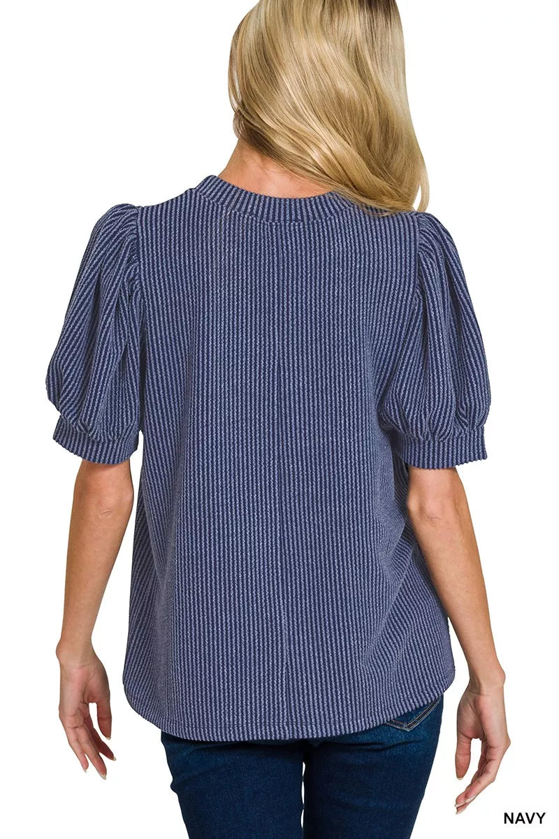 Raised Rib Puff Sleeve Top