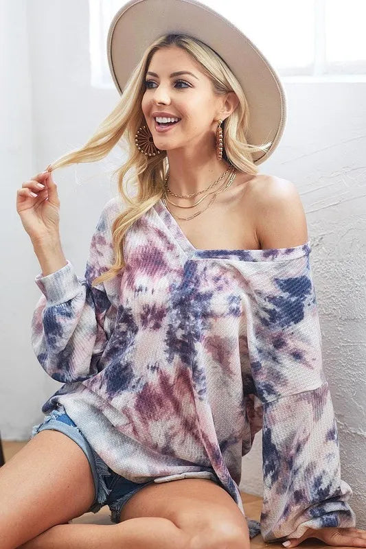 Tie-Dye V-Neck Long Sleeve Waffle Top