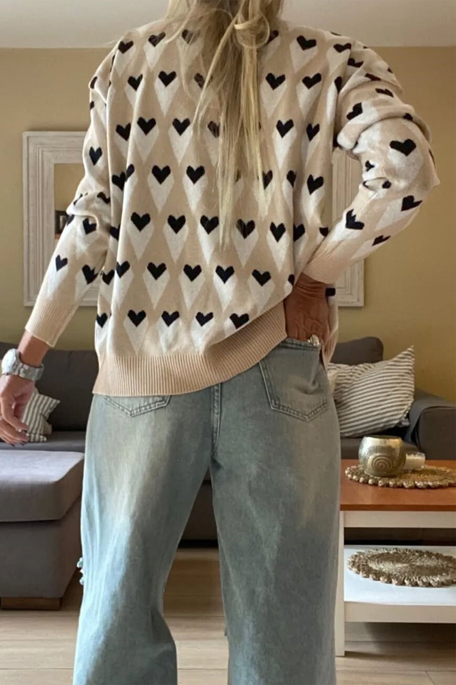 Parchment Geometric Heart Print Ribbed Trim Loose Sweater
