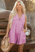 Bonbon Mineral Wash Pleated Bust V Neck Sleeveless Denim Romper