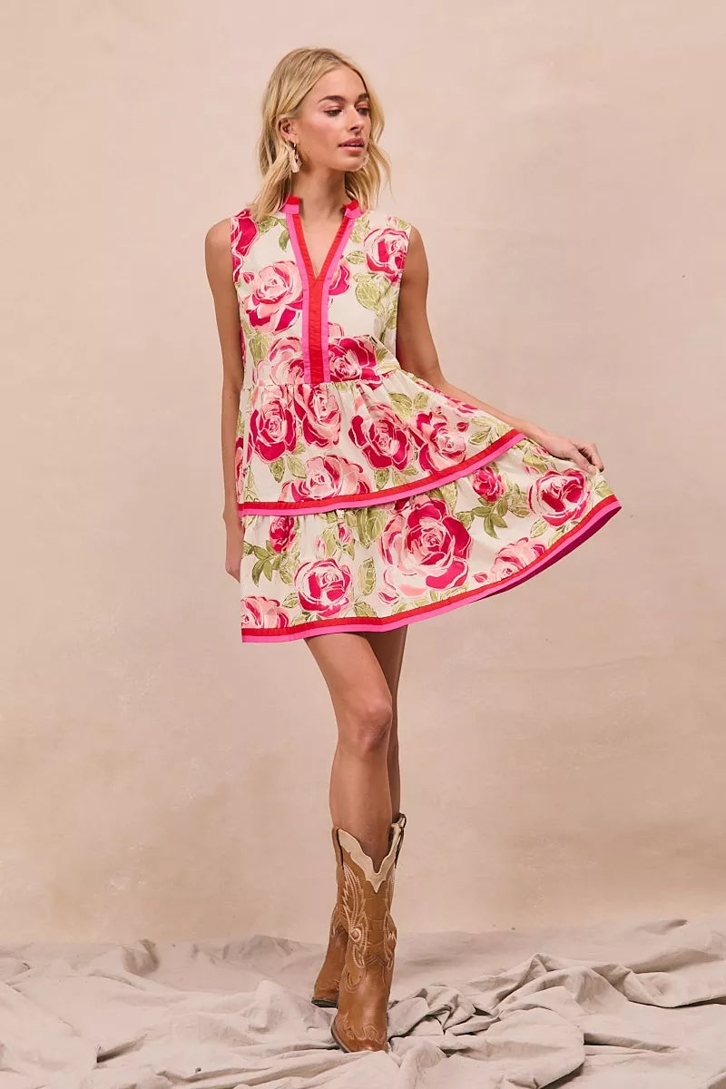 Floral Woven Contrast Edge Tiered Ruffle Mini Dress