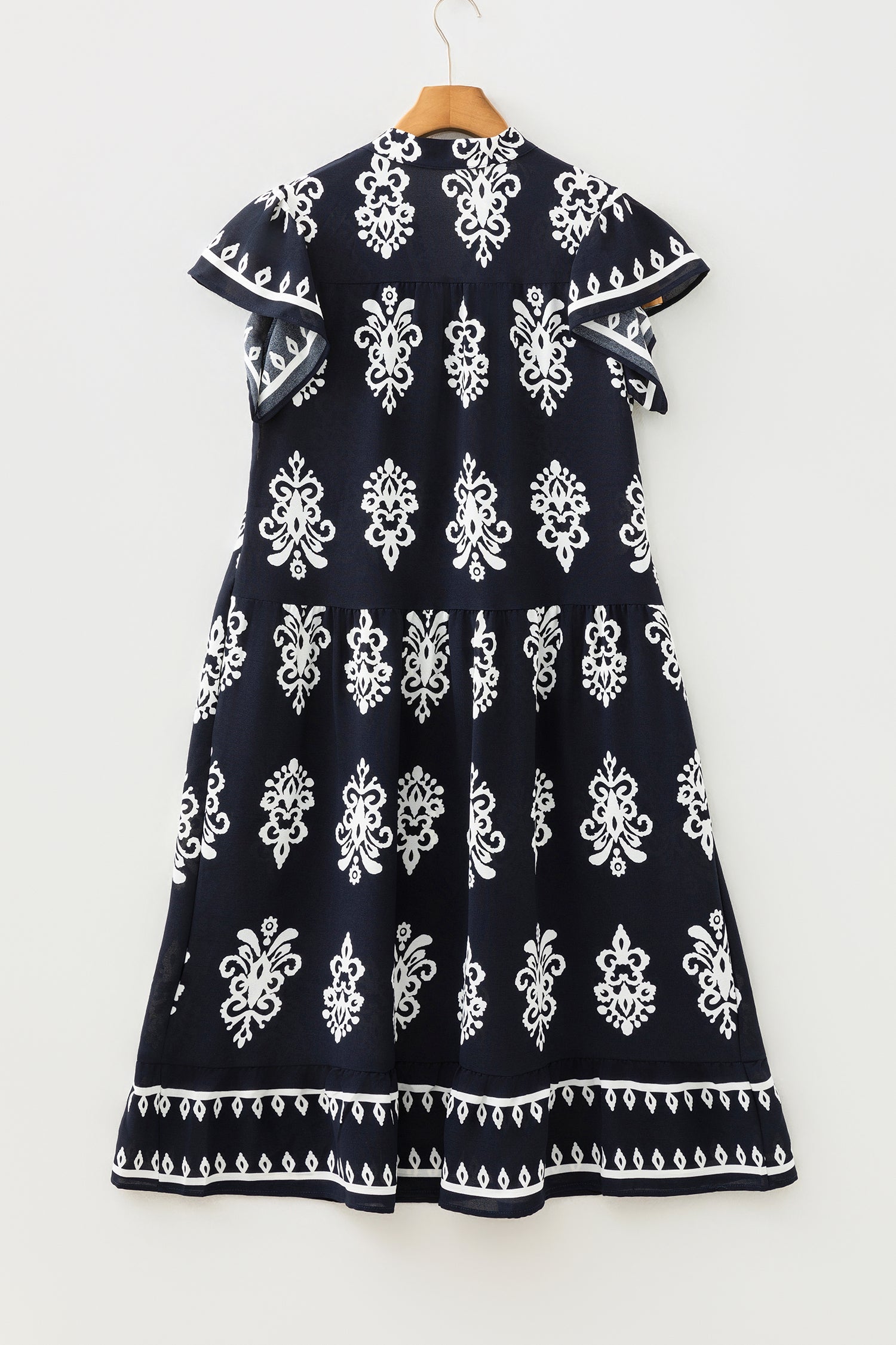 Blue Western Ethnic Print Notched Neck Short Sleeve Midi Dress