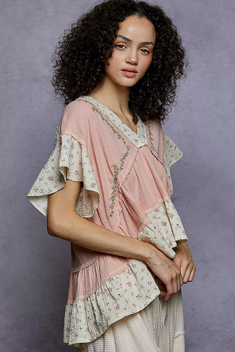 Floral V-Neck Short Sleeve Ruffled Double Gauze Blouse with Embroidery Detail