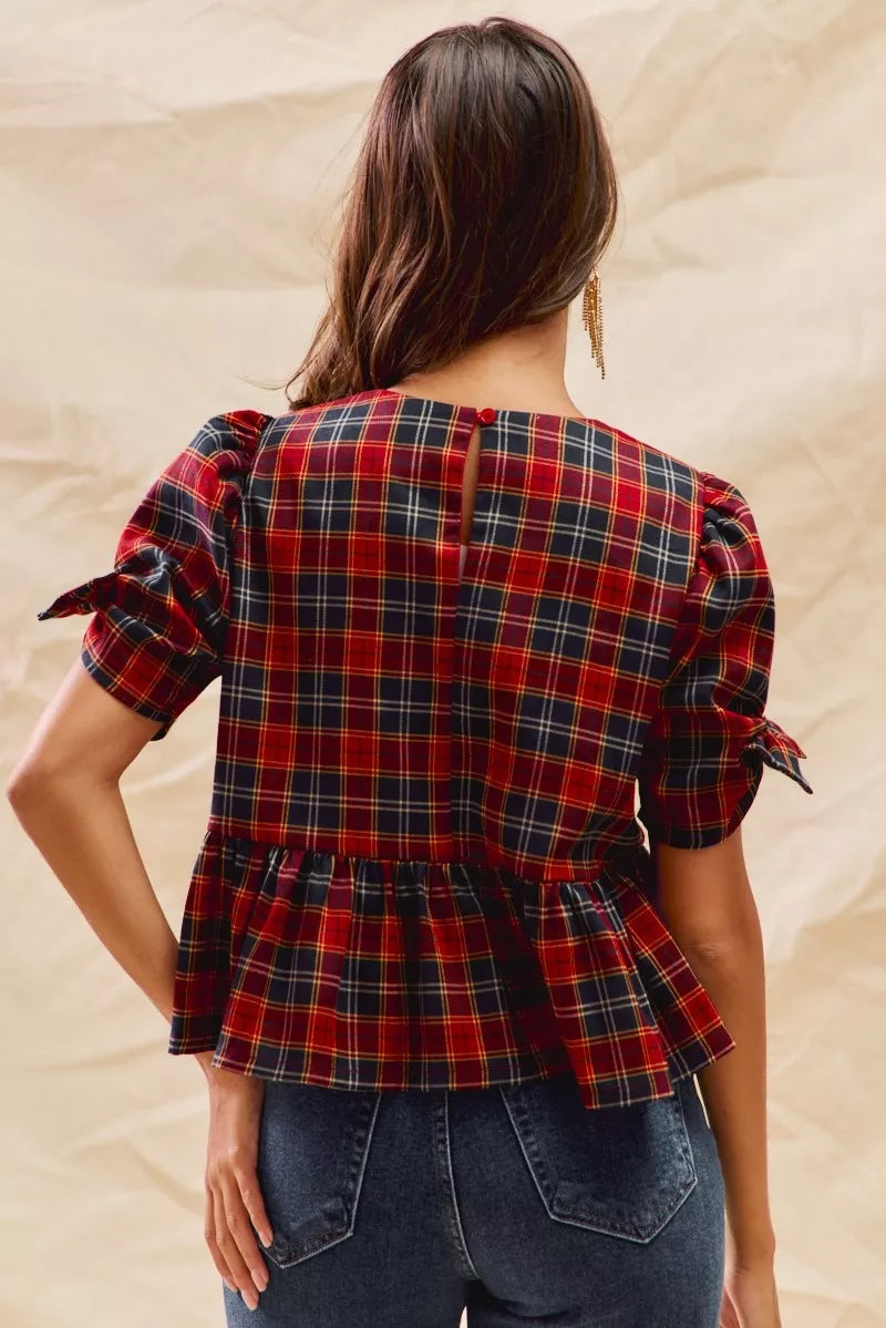 Christmas Holiday Plaid Ribbon Short Sleeves Top