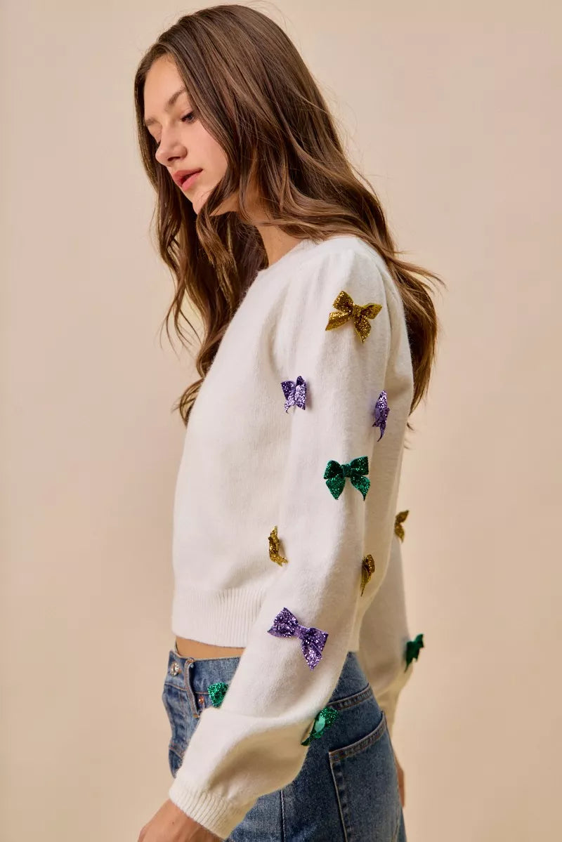Mardi Gras Glitter Bow Ribbon Sweater Knit Top