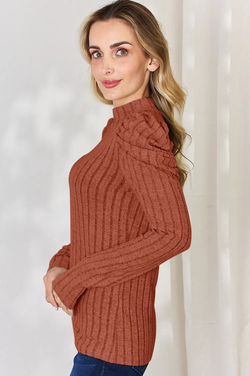 I am a Fashion junky Full Size Ribbed Mock Neck Puff Sleeve T-Shirt