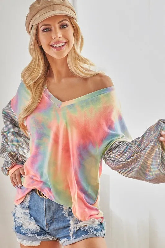 V Neck Tie Dye French Terry Top with Shiny