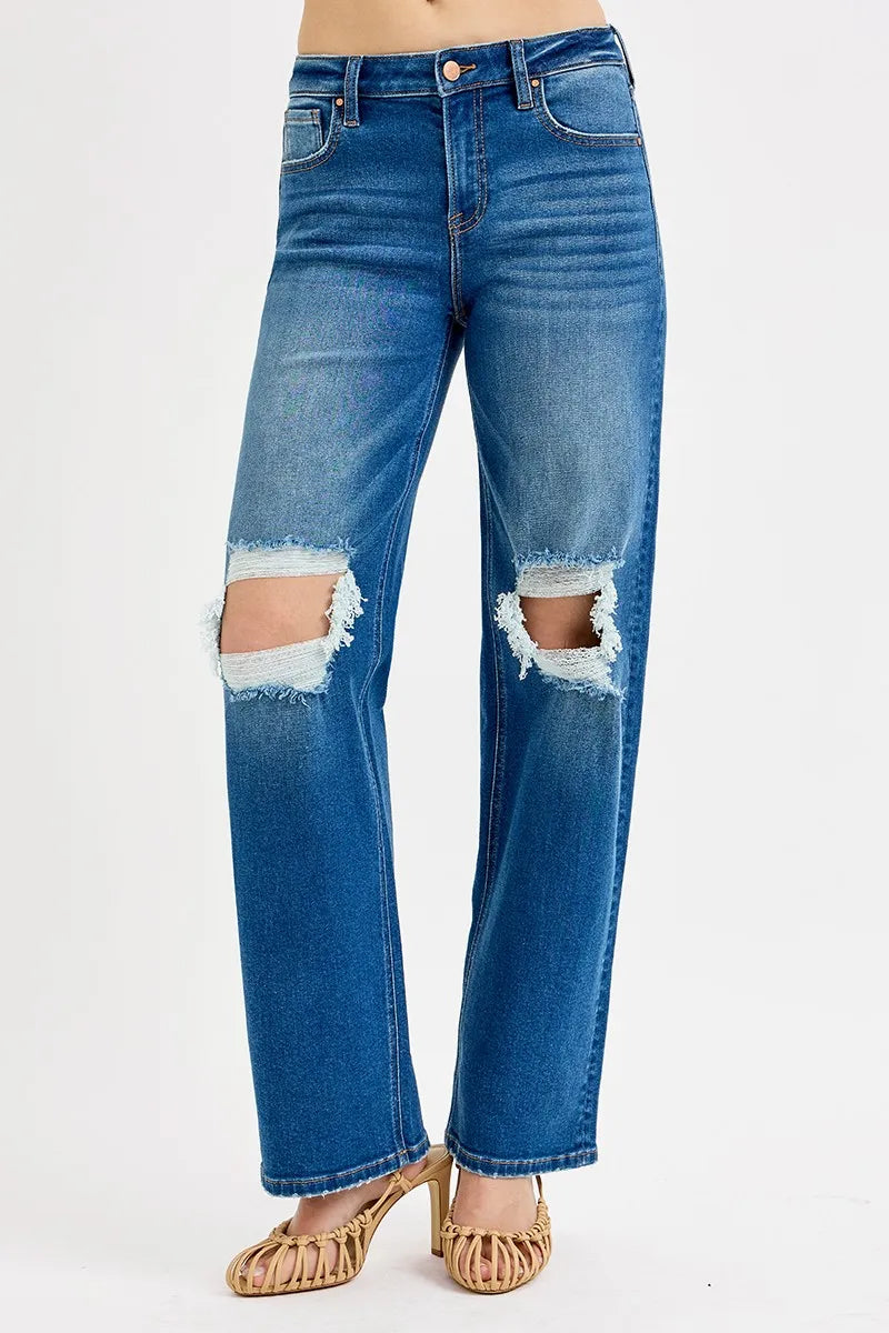 Full Size Mid Waist Fit Boyfriend Knee Distressed Jeans Plus Size