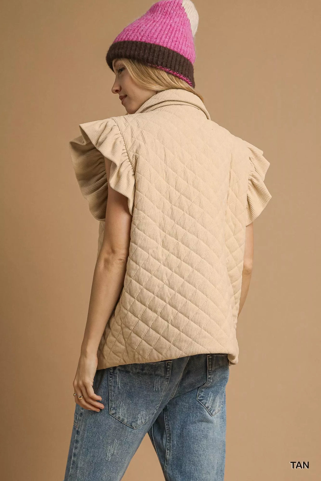 Corduroy Quilted Ruffle Sleeve Vest