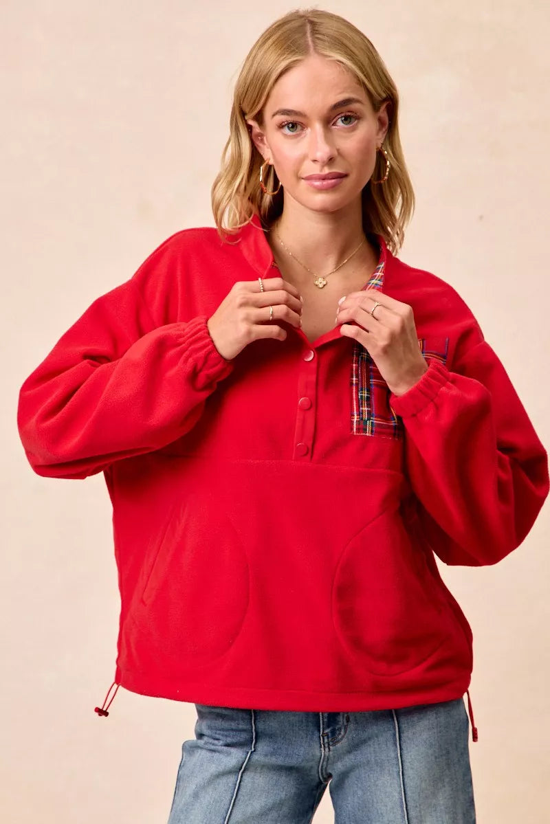 Christmas Theme Fleece Buttoned Top with Pockets