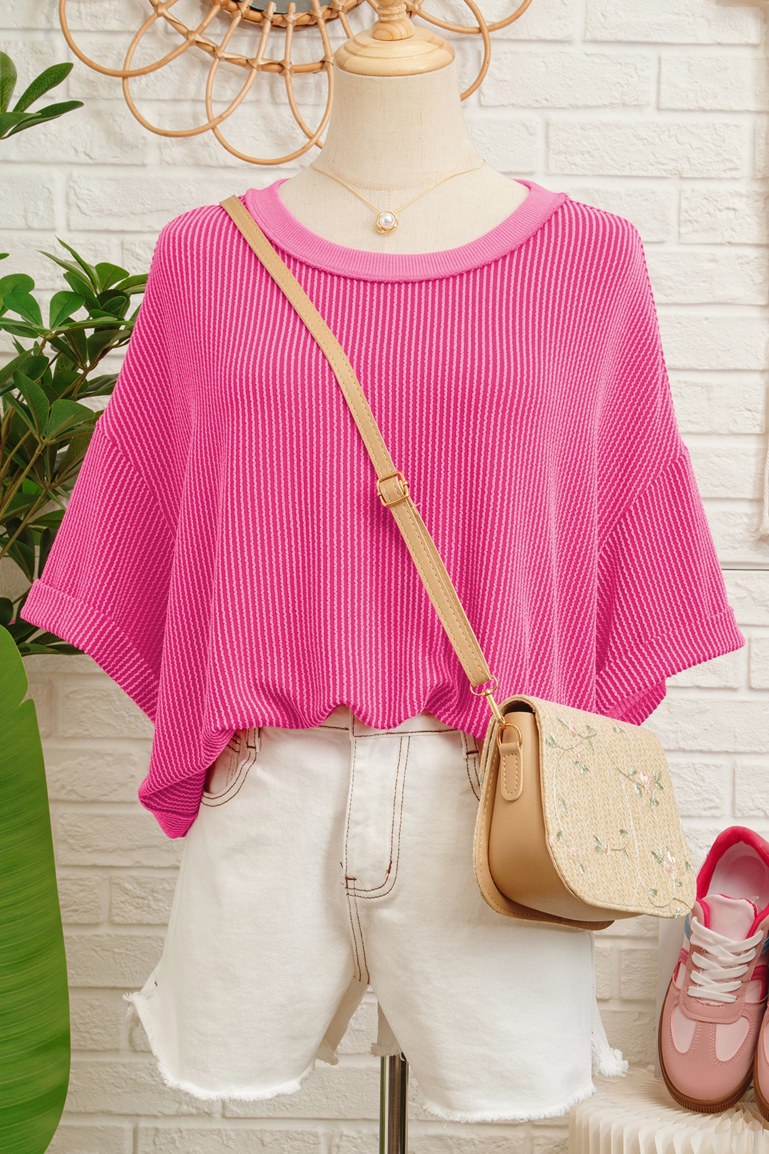 Rose Red Spiral Ribbed Cutout Bow Knot Back Oversize T Shirt
