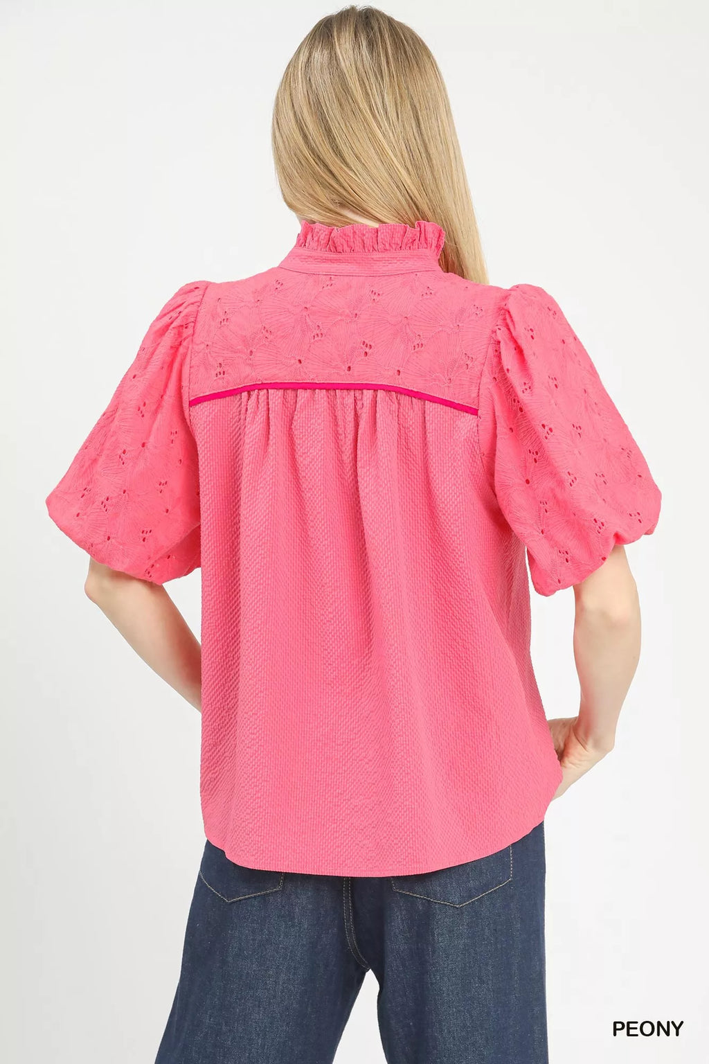 Puff Sleeve Eyelet Mix Top with Contrast Piping