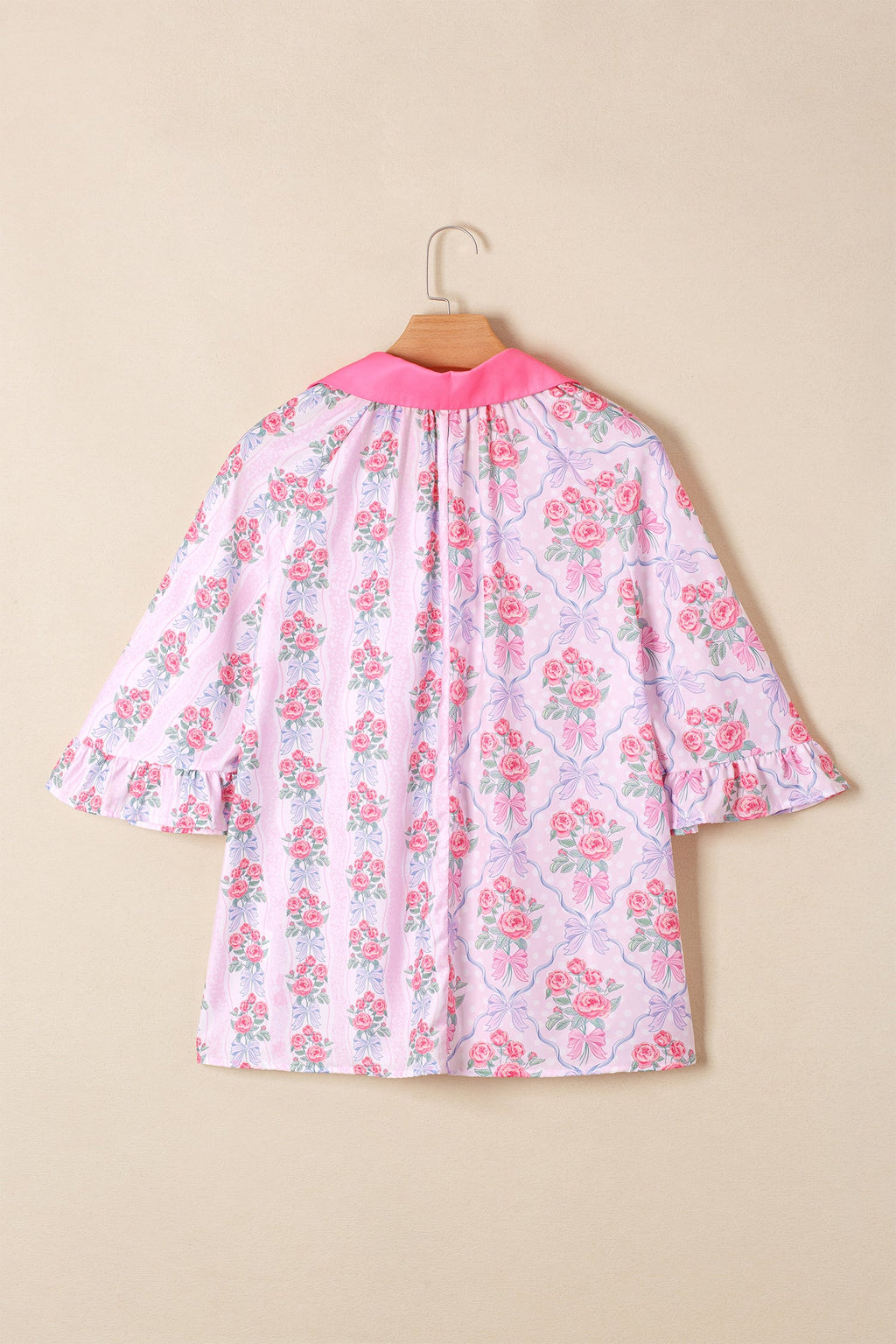 Purple Floral Collared Ruffled Half Sleeve Shirt