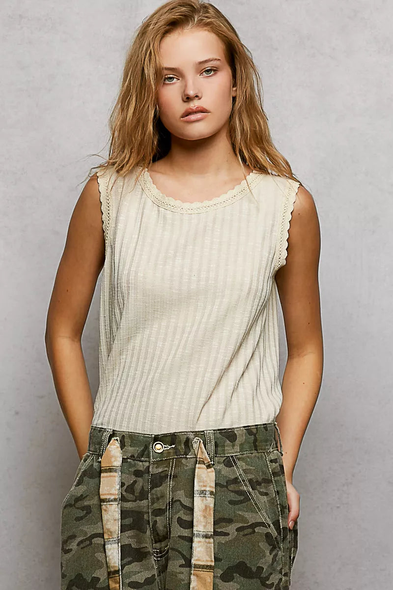 Ribbed Round Neck Tank with Lace Trim