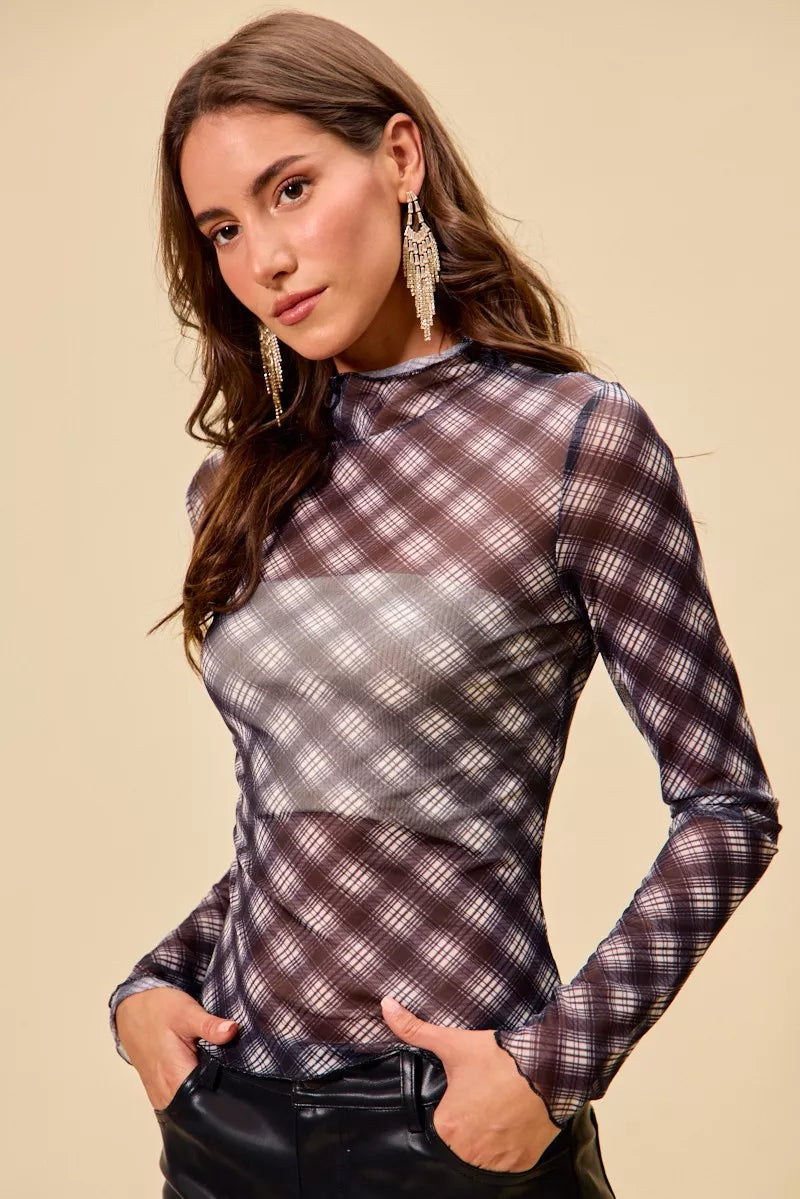 I am a Fashion Junky Plaid Mesh Knit Long Sleeve Top with Thumb Opening