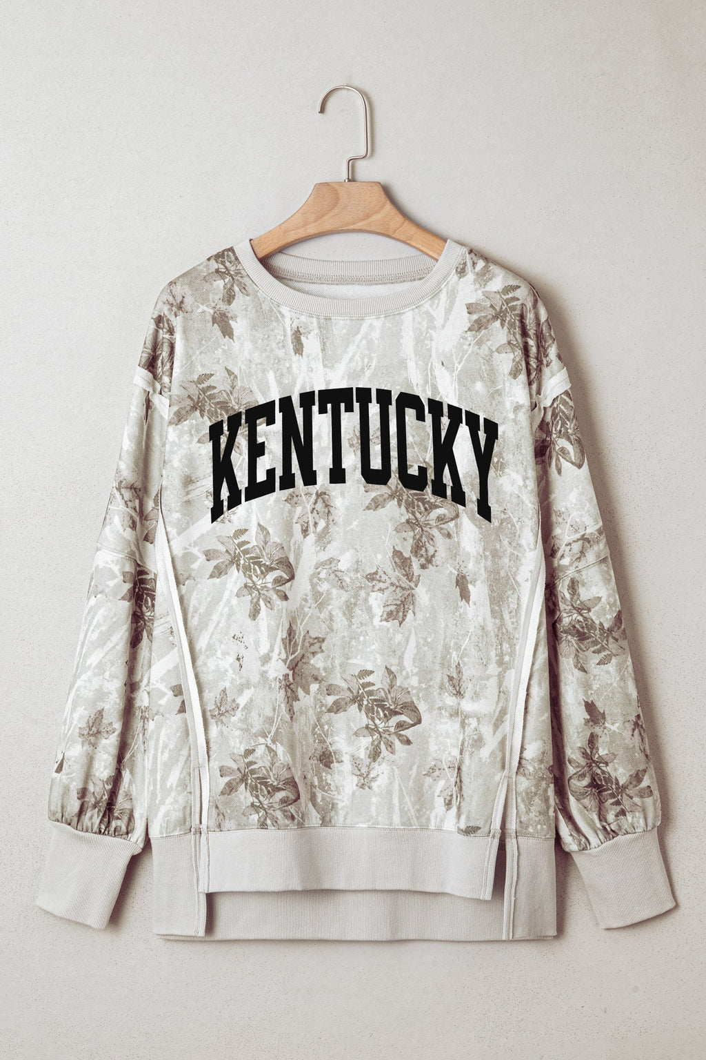 Gray KENTUCKY Raw Seam Detail Leafy Camouflage Baggy Sweatshirt