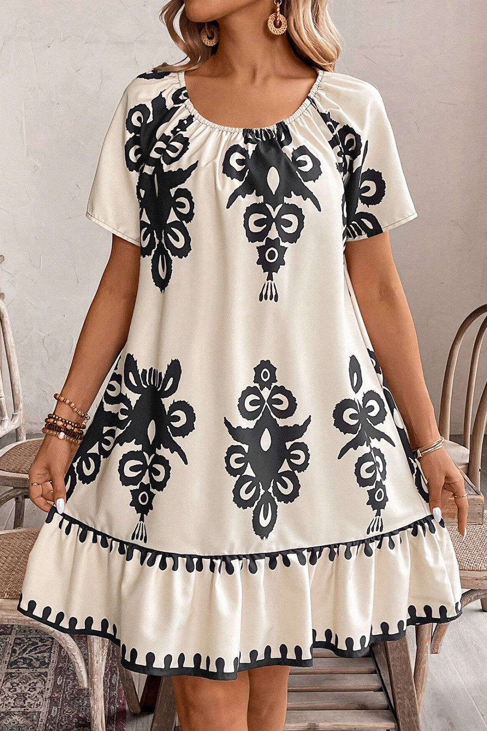 Print Ruffled Short Sleeve Loose Dress