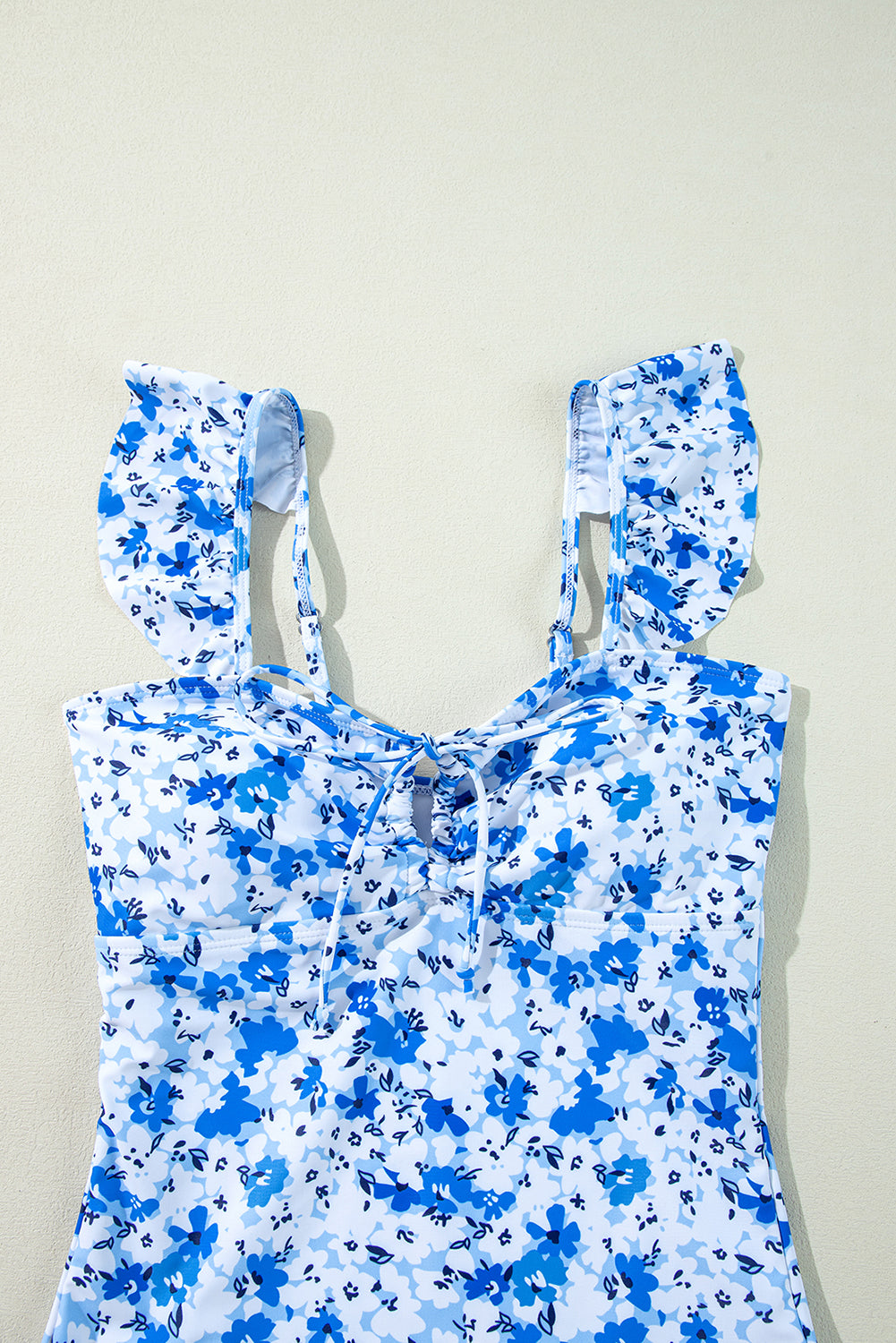 Blue Floral Ruffled Strap Lace-up Hollow Out One Piece Swimsuit