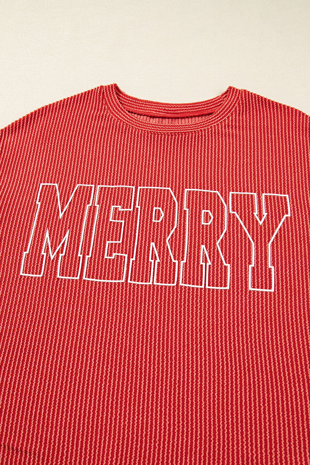 Fiery Red Twisted Rib Outlined Merry Letter Graphic Loose Long Sleeve Top