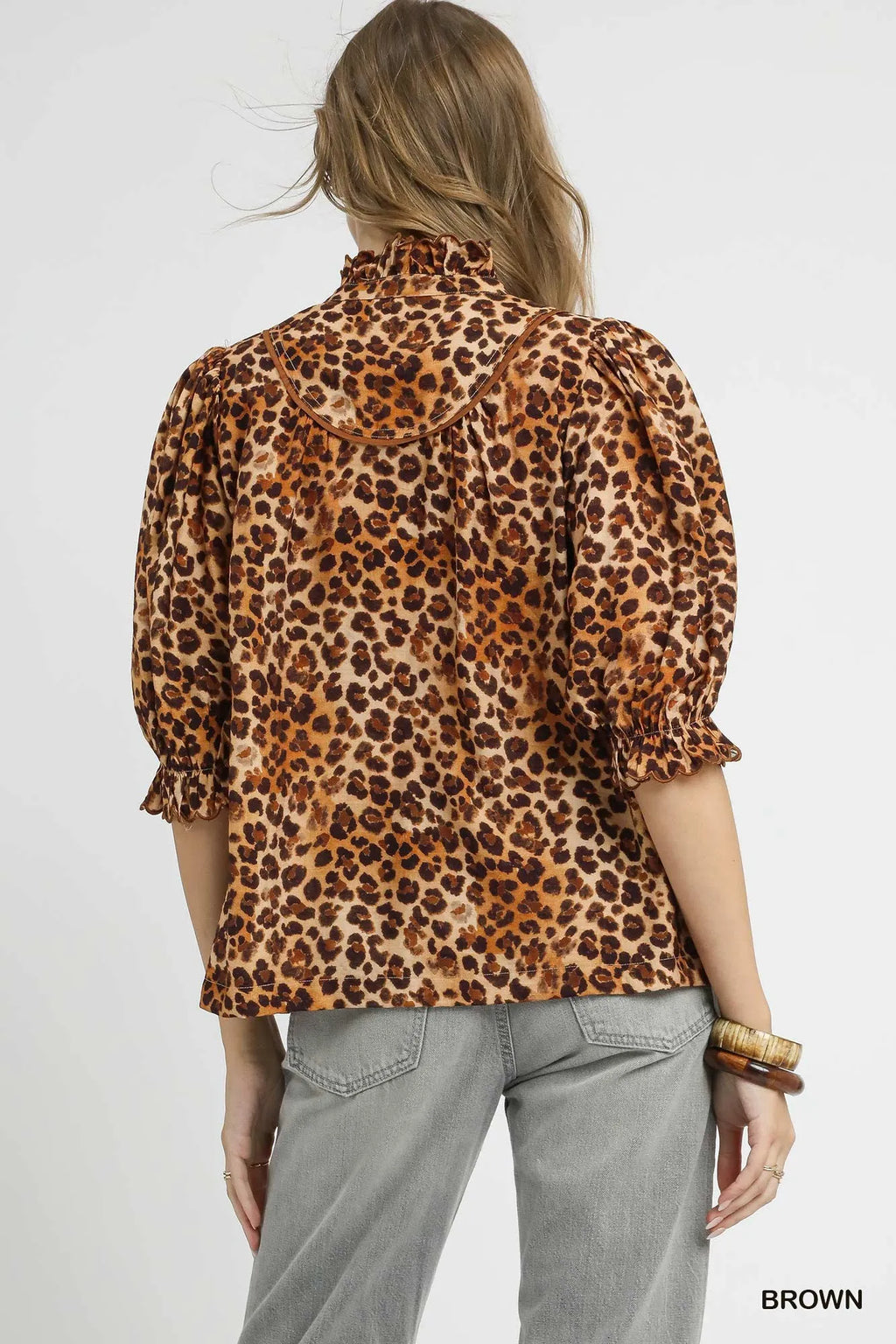 Full Size Leopard Print Ruffle Neck Blouse Plus Size