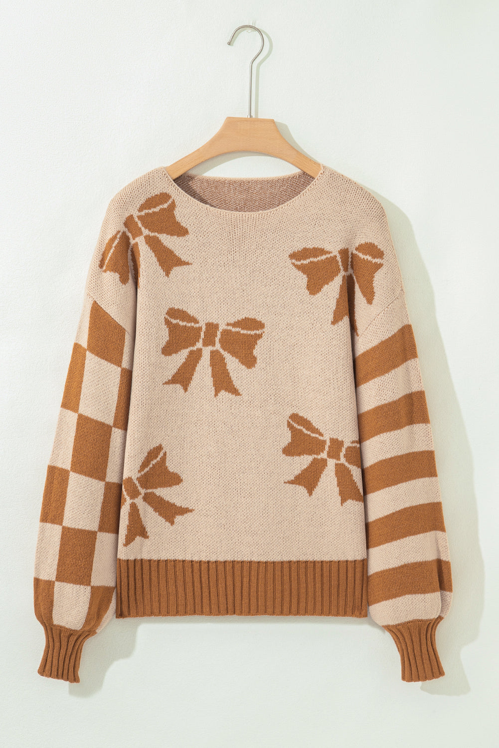 Straw Yellow Ribbon Bow Print Checkered Striped Sleeve Drop Shoulder Sweater
