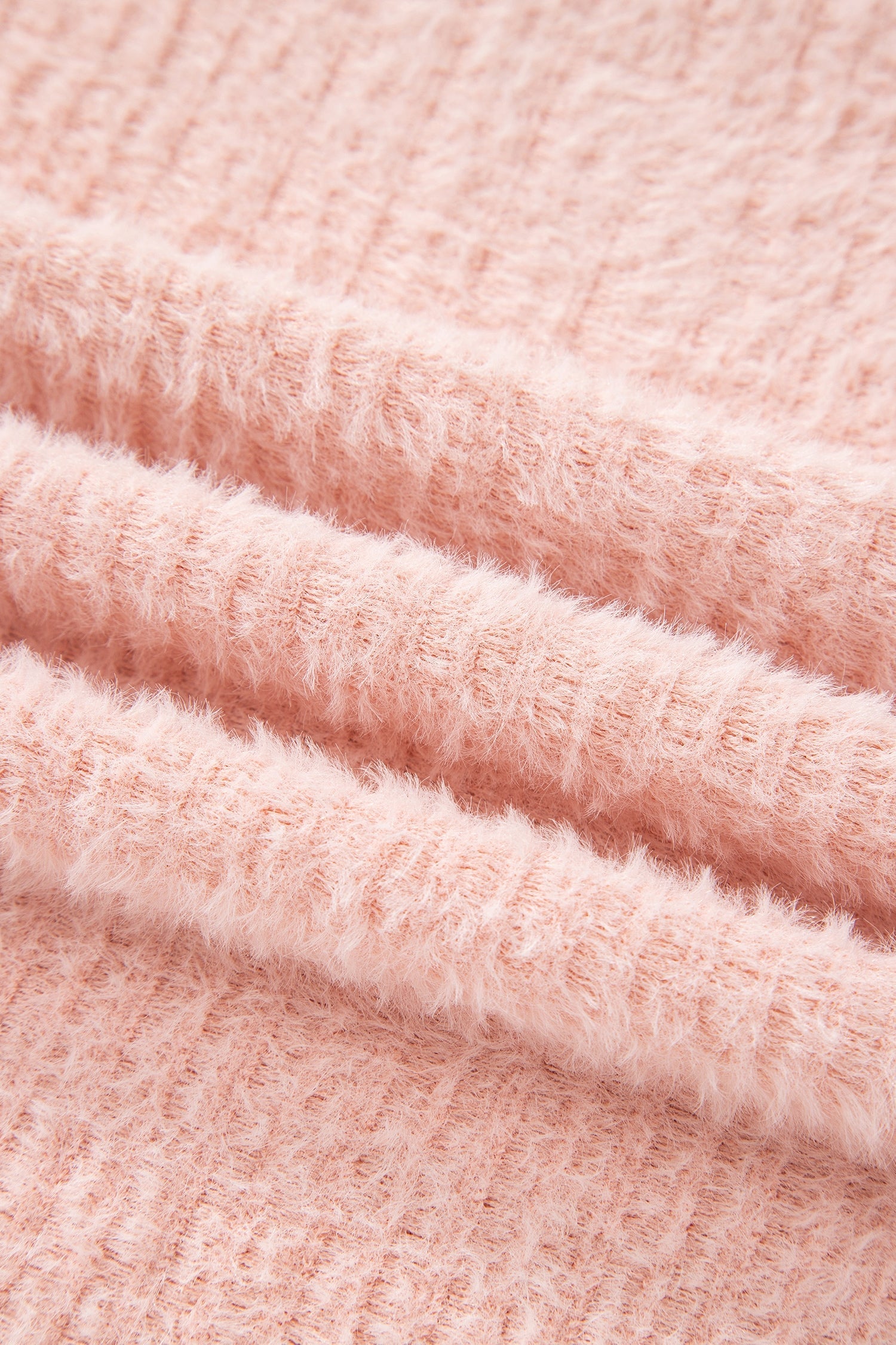Light Pink Fuzzy Ribbed Texture Round Neck Long Sleeve Top