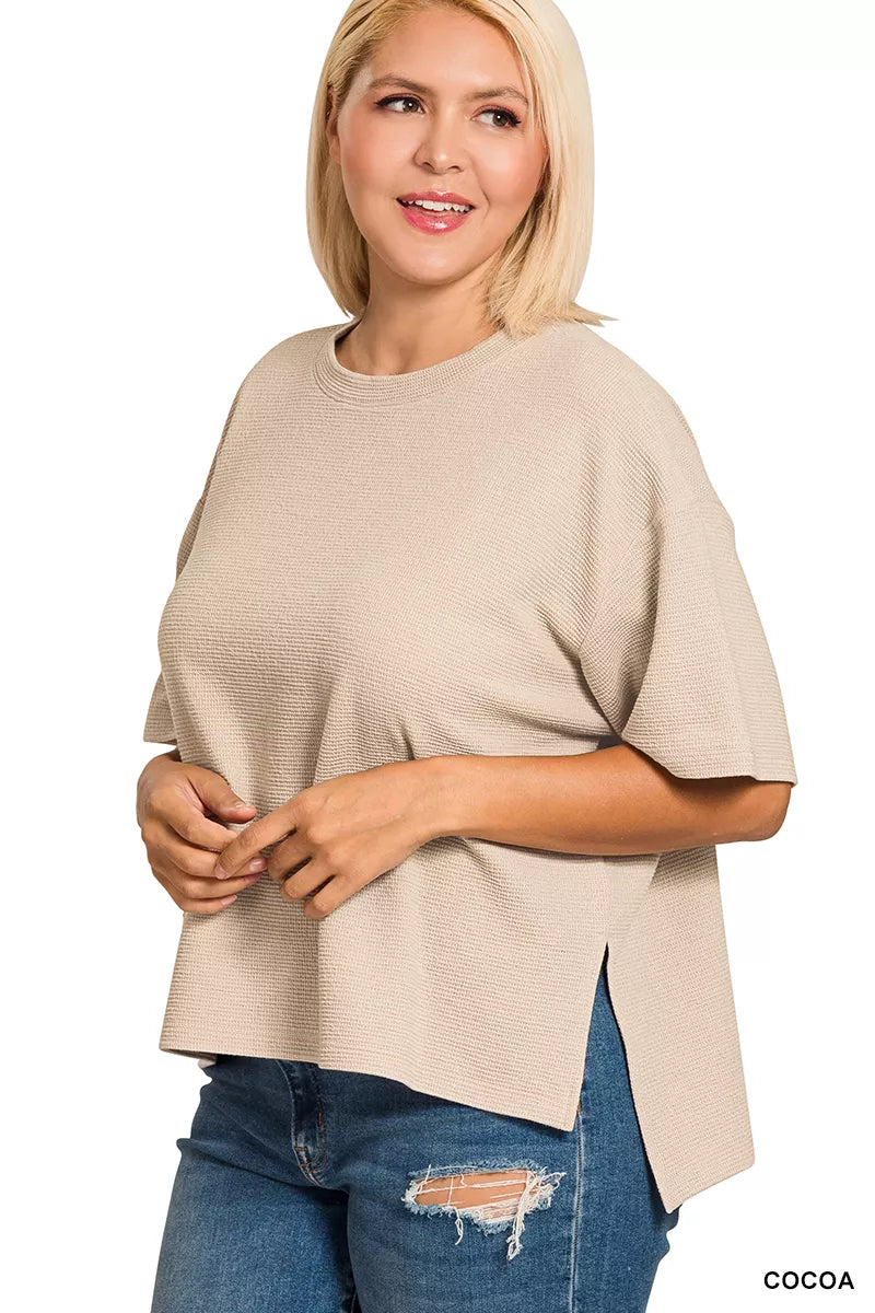 Full Size Double Knit Side Slits Hi Low Short Sleeve Top Plus Size