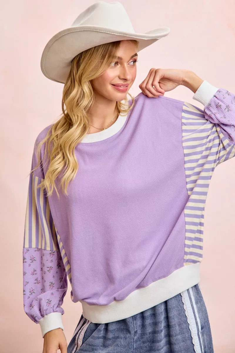 Mix and Match Sweatshirt with Floral Sleeve Striped