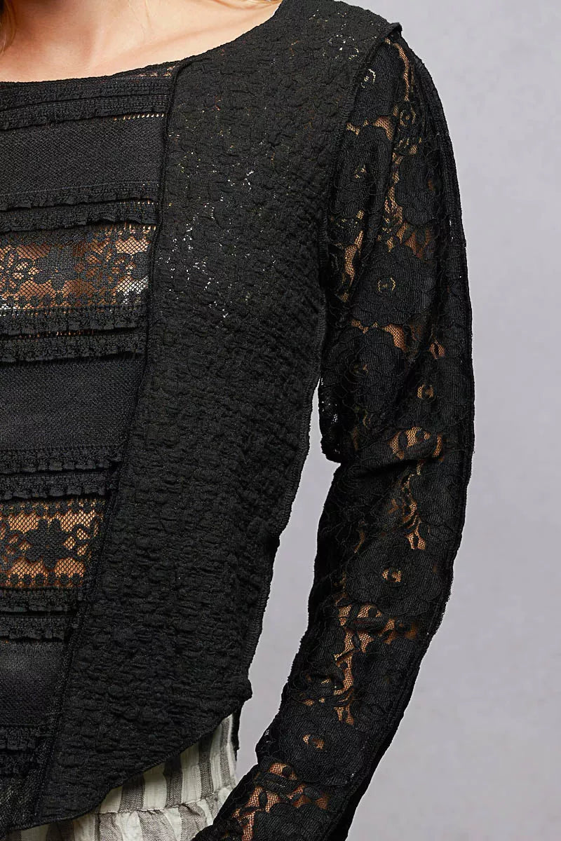 Round Neck Long Sleeve Exposed Seam Top with Lace Detail