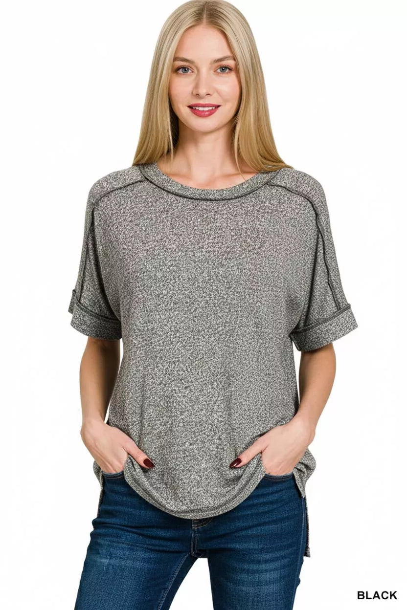 Full Size Soft Melange Hacci Short Sleeve Hi-low Tee Plus Size