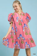 Floral Print Puff Sleeve Mini Dress with Scallop Trim