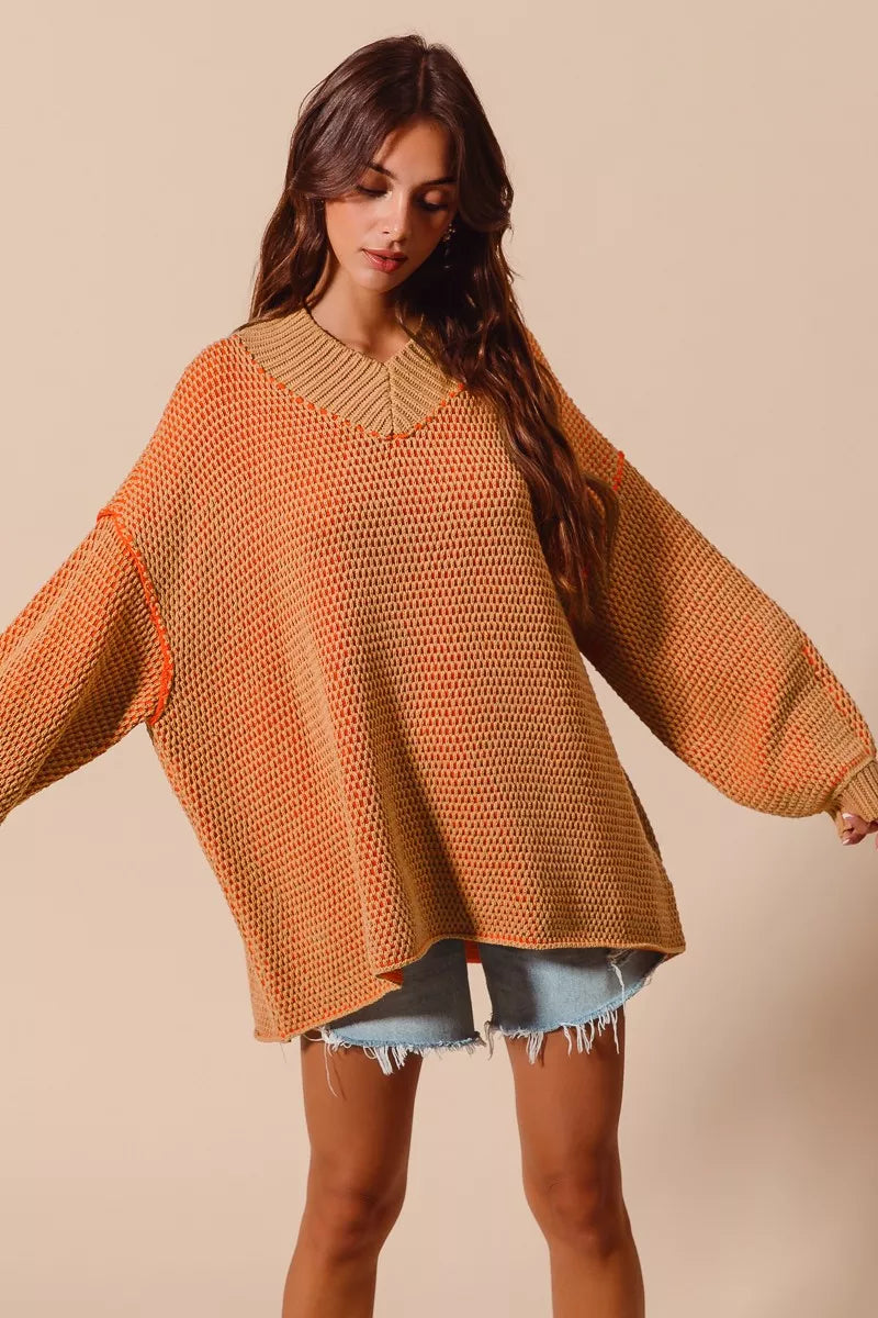 Oversized Two Tone Textured V Neck Sweater