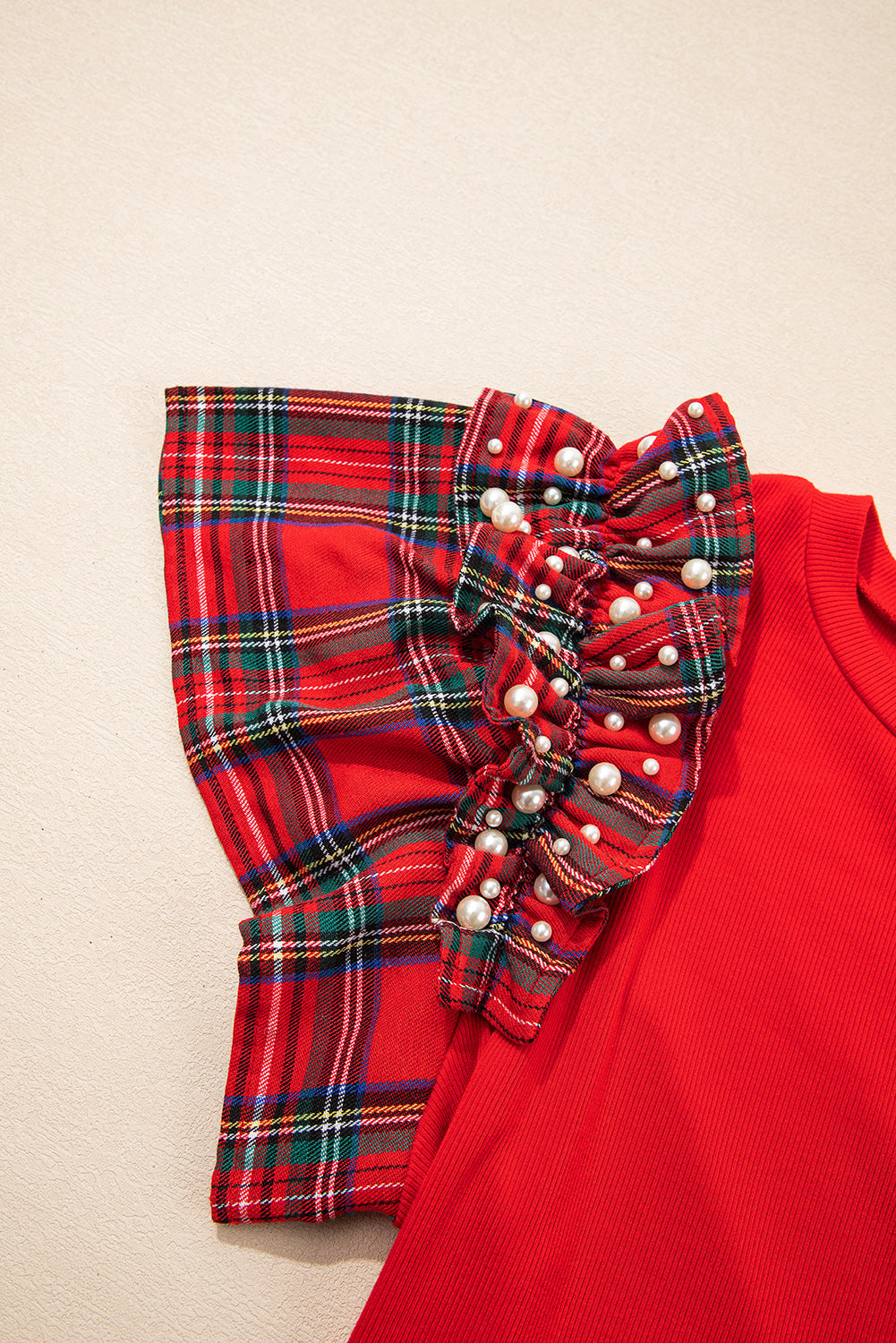 Racing Red Plaid Pearl Ruffle Short Sleeve Loose T Shirt