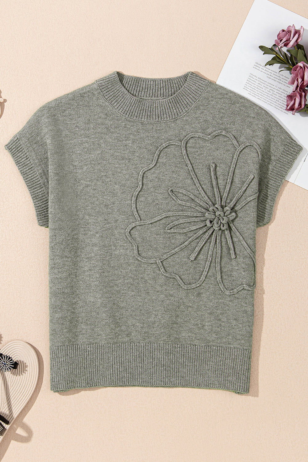 High Flower Pattern Ribbed Trim Short Sleeve Boxy Sweater