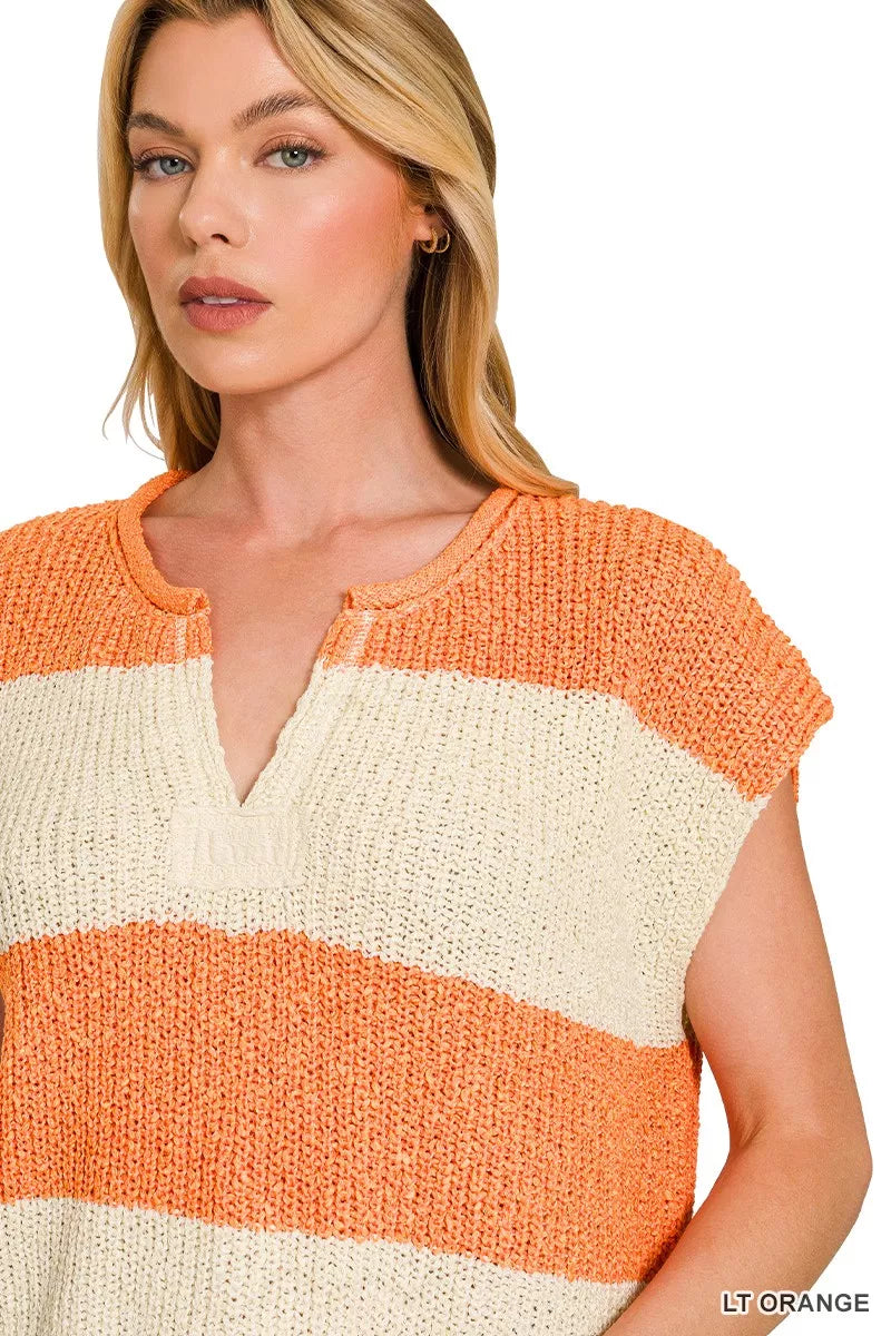 Split Neck Sleeveless Stripe Sweater